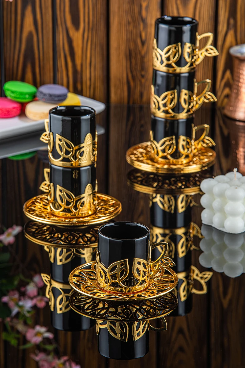 Fürug Patterned Coffee Cup Set for Six, Black and Gold