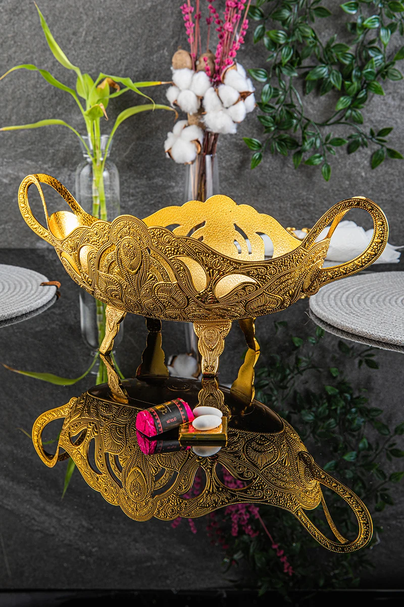 Large Patterned Footed Gondola Bowl, Individually Boxed, Gold-Tone