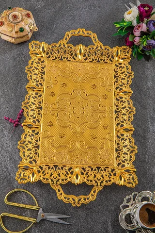 6 Kişilik Motif Dikdörtgen Sunum Tepsisi Altın